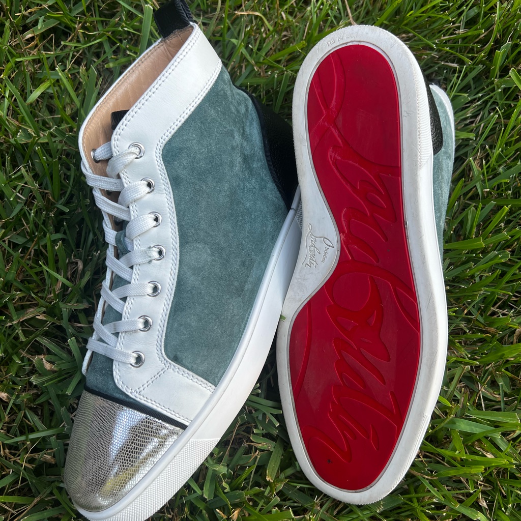 Rare Size 11.5 Womens Us Chrisitian Louboutin Hi Top Sneakers Green Suede Silver